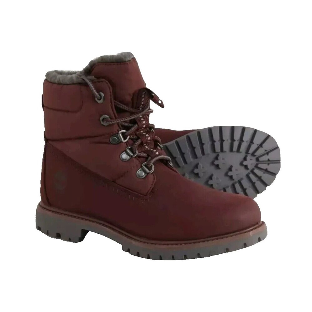 Timberland 6" Premium Women's 9.5 Puffer Boots Burgundy Faux Fur Waterproof